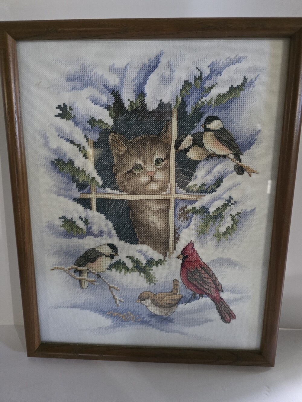Framed Cat & Birds Cross-Stitch Wall Art - Red, Blue, Green